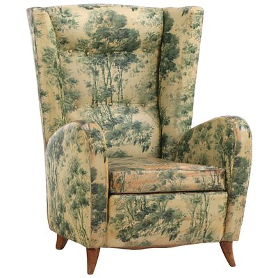 ITALIAN WING CHAIR C 1950 IN PERIOD FABRIC ATTRIBUTED TO PAOLO BUFFA. Italian wing chair C 1950 