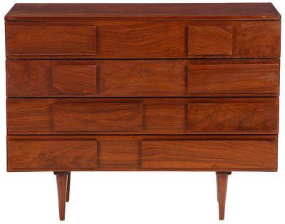 FOUR DRAWER BURL WALNUT GEOMETRIC DRESSER IN THE MANNER OF GIO PONTI. Four drawer burl walnut 