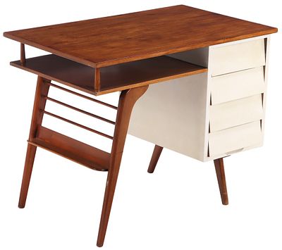 ITALIAN WOOD AND PARCHMENT COVERED WRITING DESK HAVING CANTILEVERED DRAWERS C 1950. Italian 