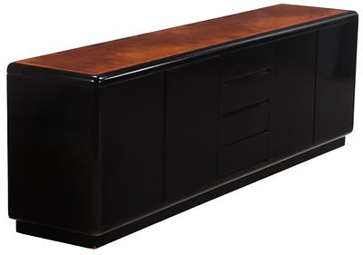 A PARTIAL EBONIZED AND BURLWOOD SIDEBOARD HAVING CENTRAL DRAWERS FLANKED BY DOORS C 1970. A 