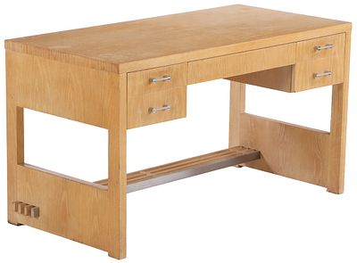 MID CENTURY MODERN DESK BY JAY SPECTRE. BLONDE WOOD AND CHROME METAL MOUNTS. Mid Century Modern 