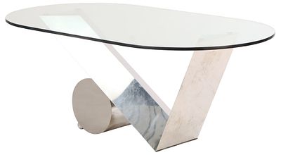 GEOMETRIC STAINLESS STEEL AND GLASS DINING TABLE C 1980. Geometric stainless steel and glass 