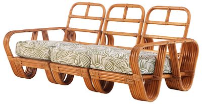 THREE PART RATTAN SOFA IN THE MANNER OF PAUL FRANKL C 1960 HAVING NEW CUSHIONS. CAN BE USED IN. T 