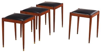 FOUR WOOD, BRASS AND LEATHER BENCHES C 1955 FOUND ENSUITE WITH PREVIOUS TWO LOTS. Four wood 
