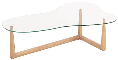 WOOD AND GLASS COFFEE TABLE IN THE MANNER OF ROBSJOHN-GIBBINGS. Wood and glass coffee table in 