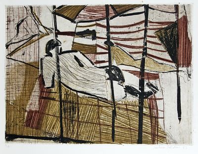 Böttcher, Joachim: Liegende Akte unter Sonnenschirmen. Joachim Böttcher 
1946 Oberdorla - 2022 