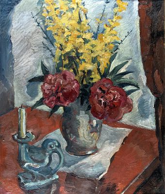 Schoenecker, Toni: Tischstillleben mit Blumen und Kerzenhalter. Toni Schoenecker 1893 Falkenau 