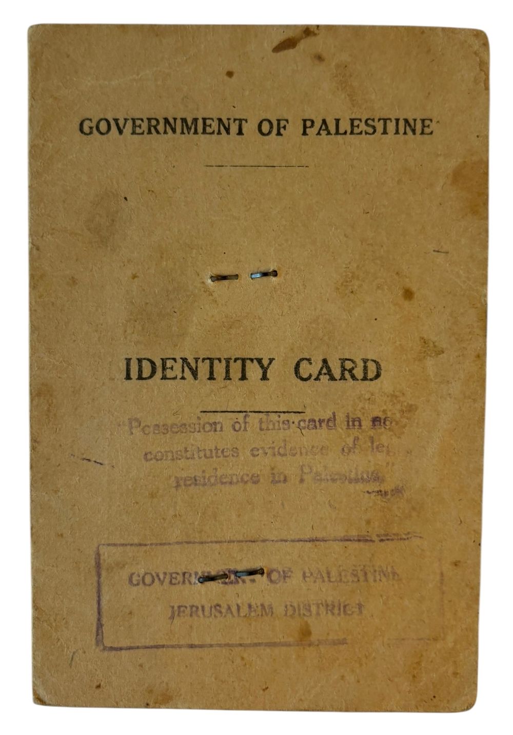 פלשתינה - מנדט - תעודת זהות 
מכילה פרטים אישיים ותמונה. 
הנפקה - 31 אוקטובר 1945. 
חותמת - 