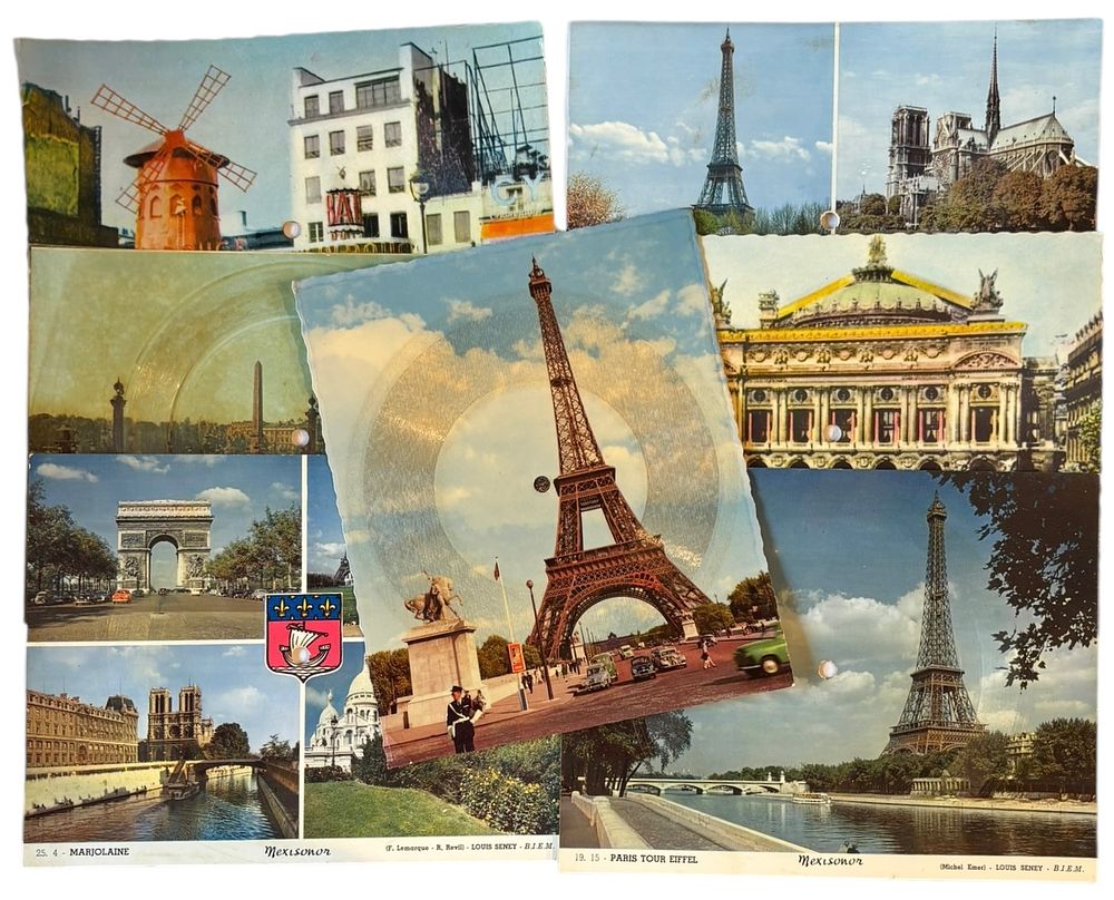 גלויה מוסיקלית מקורית 
לוט 7 גלויות. 
קרטון. 
ע"ג הגלויות אתרים בפריז כמו מולאן רוז', קונקורד 