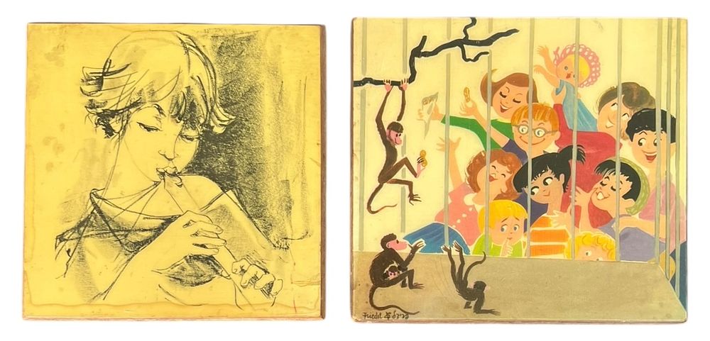 ישראליאנה - הצבי - זוג אריחי קיר קטנים 
קופים בגן חיות, העתק איור של הקריקטוריסטית פרידל 