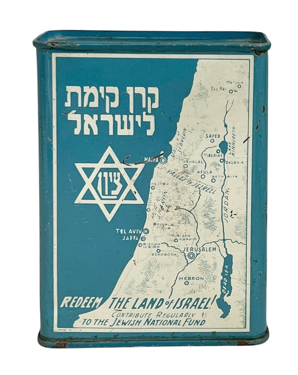 קרן קיימת לישראל - קופת צדקה - ארצות הברית - ניו-יורק 
שנות ה40-50. עשויה פח. 
נועדה לגיוס 