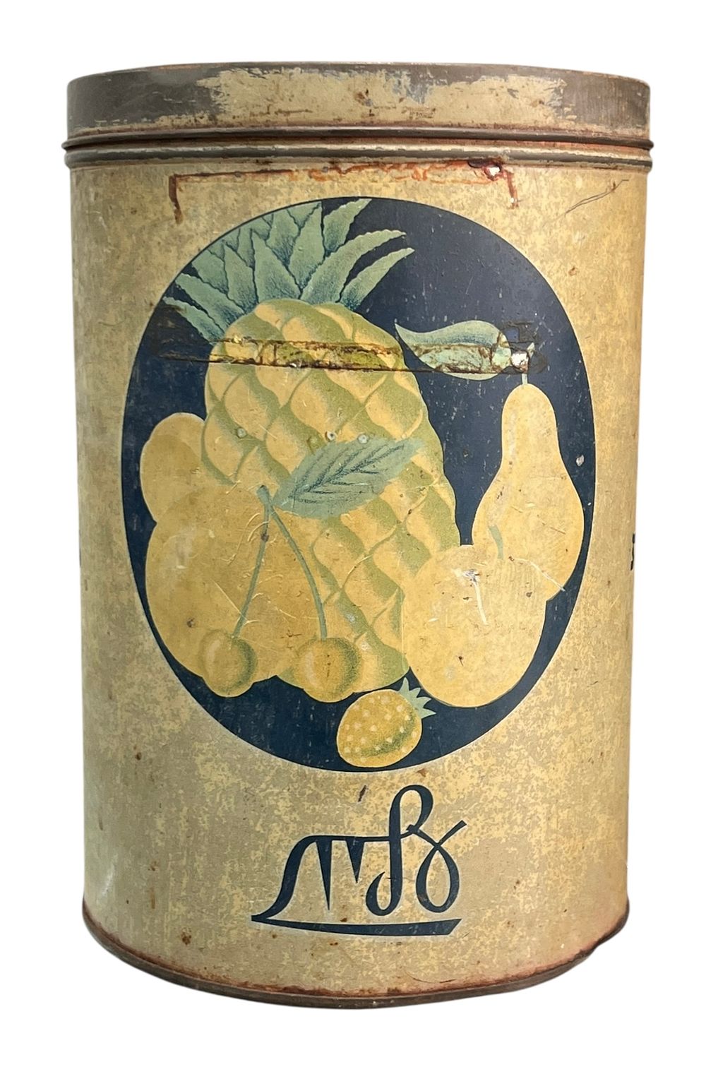 פלשתינה - עלית - קופסת פח לסוכריות 
הלוגו המוקדם של החברה. 
איורי פירות צבעוניים. 
שנות ה 