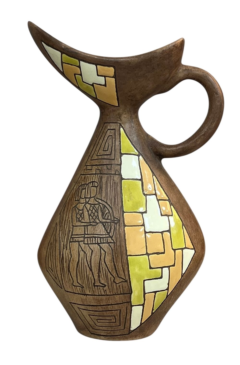 קרמוס - אגרטל/קנקן בינוני עם ידית 
אגרטל בצורת כד שמן, מעוטר בשני מכבים לוחמים. 
חתום 
22*3 ס"מ