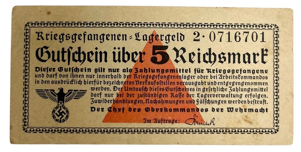 שובר כסף - מחנות שבויי מלחמה - 5 רייכסמארק - Kreigsgefangenen Lagergeld 
שובר כסף שהונפק ע"י 