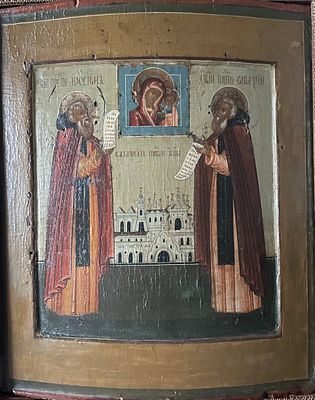 Икона "Свв. Зосима и Савватий", конец XVIII века. Дерево, паволока, левкас, темпера золочение 