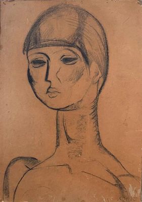 Бруни Лев Александрович (1894-1948 г.) "Женская головка" 1918 г. Бумага серая, уголь, 66.5 х 47 