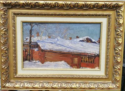 Грабарь Игорь Эммануилович (1871-1960 г) "Деревенский дом зимой" 1905 г. Картон, масло, 25.5 х 