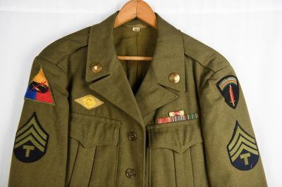 SHAEF WWII Ike Jacket with Armored Patch & Ribbons. A nice Ike jacket identified to the supreme 