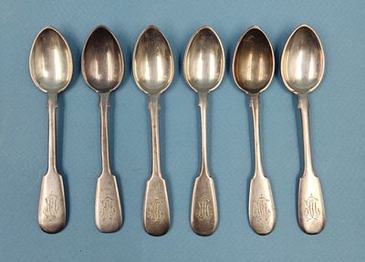 Серебряные кофейные ложки. Царская Россия. Серебро 84 пробы. 
Общий вес 6 ложек - 98,4 гр. 