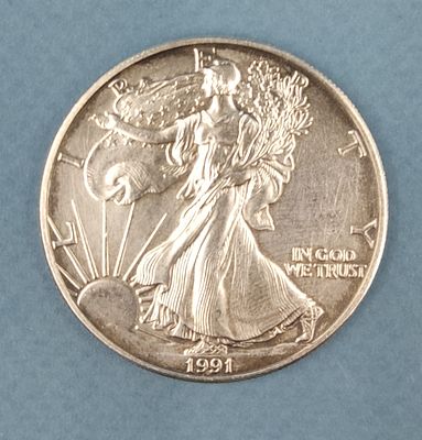 Монета США 1 доллар 1991 "Американский серебряный орёл - шагающая свобода". Унция, проба 999. 