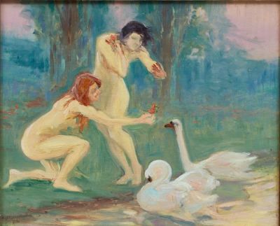 Wilhelm Lef&egrave;bre 1873 Frankfurt/Main - 1974 Meran - Paar (zwei Frauen) mit Schw&auml;nen - &Ouml;l/Holz. 