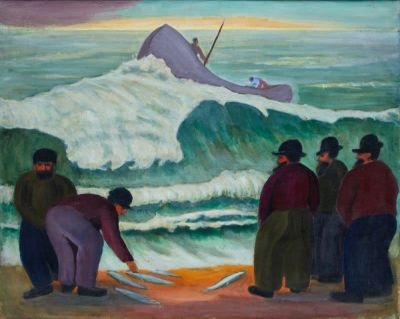 Rudolf M&ouml;ller 1881 Schmiedefeld/Th&uuml;ringen - 1967 L&ouml;rrach - Fischer - &Ouml;l/Lwd. 80 x 101 cm. Sign. 