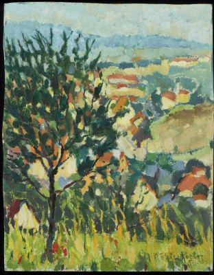 Minna K&ouml;hler-Roeber 1883 Reichenbach - 1957 Friesen - Sommerwiese mit Blick auf eine Stadt - 
