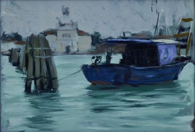 Davide Battistin 1970 Venedig - "Barca di Pescatori e chiesa delle Zitadelle" - &Ouml;l/Holz. 18 x 