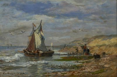 Andreas Achenbach 1815 Kassel - 1910 D&uuml;sseldorf - Heimkehrende Fischer - &Ouml;l/Holz. 16 x 23,8 cm. 