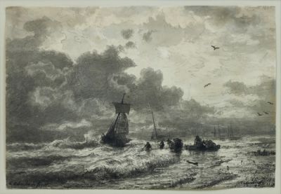 Andreas Achenbach 1815 Kassel - 1910 D&uuml;sseldorf - Boote vor der K&uuml;ste - Aquarell/Papier 
