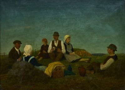 Adolf Wissel 1894 Velber - 1973 Hannover - Bauernmahl ("Rast bei der Ernte") - &Ouml;l/Lwd. 53,5 x 