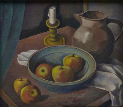 K&uuml;nstler der Neuen Sachlichkeit - Stillleben mit &Auml;pfeln, Kerze und Kanne - &Ouml;l/Lwd.36 x 45,5 cm. 