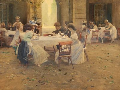 Wilhelm Schreuer 1866 Wesel - 1933 D&uuml;sseldorf - Tischgesellschaften, wohl im Glaskasten 