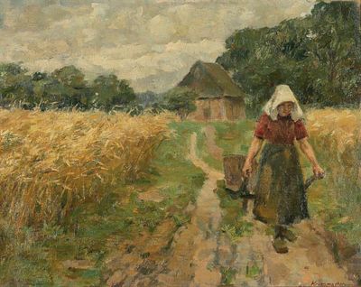 Karl Krummacher 1867 Elberfeld - 1955 Worspwede - B&auml;uerin auf dem Feldweg - &Ouml;l/Lwd. 49 x 62 cm. 
