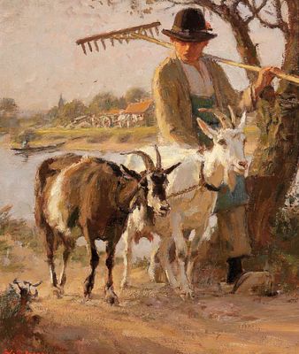 Julius Paul Junghanns 1876 Wien - 1953 D&uuml;sseldorf - Hirte und Ziegen - &Ouml;l/Hartfaser. 36 x 31 