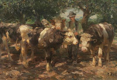 Georg Wolf 1882 Niederhausbergen/Elsa&szlig; - 1962 Uelzen - Bauer mit Vieh - &Ouml;l/Lwd. 46 x 67 cm. 