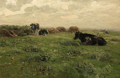 Heinrich von Z&uuml;gel 1850 Murrhardt - 1941 M&uuml;nchen - K&uuml;he auf der Weide - &Ouml;l/festen Karton. 33 x 