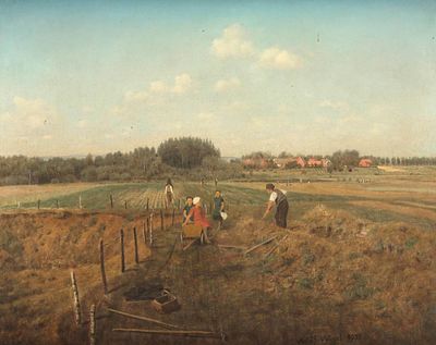 Adolf Wissel 1894 Velber - 1973 Hannover - "Feldarbeit" - &Ouml;l/Lwd. 57,5 x 72 cm. Sign. und dat. 