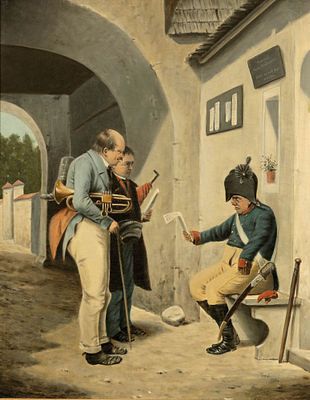 K&uuml;nstler um 1900 - Musikanten vor dem Stadttor - &Ouml;l/Lwd. 55 x 69,5 cm. Sign. und dat. r. u.: 