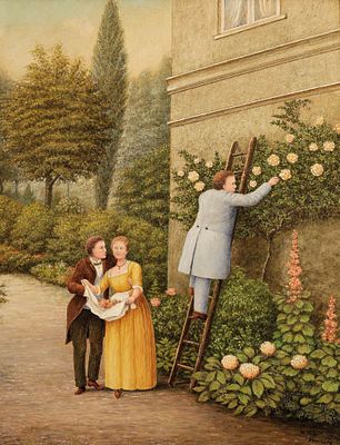N. Pein K&uuml;nstler des 20. Jahrhunderts - Figuren beim Rosenpfl&uuml;cken - &Ouml;l/Pappe. 68,5 x 54 cm. 