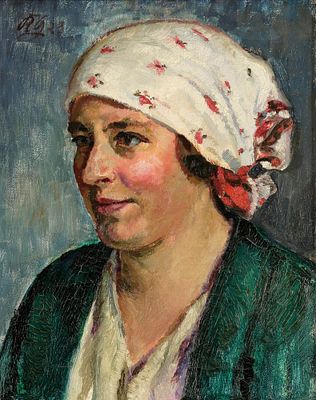 Karl Gr&uuml;nzweig 1881 Ludwigshafen - 1932 - Bildnis einer Frau mit Kopftuch - &Ouml;l/Lwd. 40,5 x 32,3 