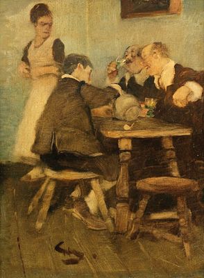 Wilhelm Schreuer 1866 Wesel - 1933 D&uuml;sseldorf - Im Schankraum - &Ouml;l/Hartfaser. 45 x 35 cm. 