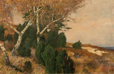 Rudolf Hermanns 1860 Celle - 1935 Hannover - Heidelandschaft mit Birken im Herbst - &Ouml;l/Kart. 49 