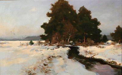 Rudolf Hermanns 1860 Celle - 1935 Hannover - Winterlandschaft mit Flu&szlig; - &Ouml;l/Lwd. 52 x 80 cm. 