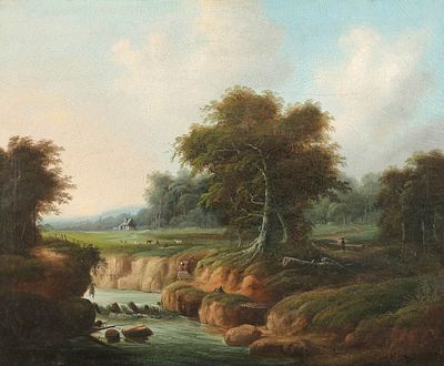 K&uuml;nstler des 19. Jahrhunderts - Romantische Landschaft mit Figuren und Vieh - &Ouml;l/Lwd. 79,5 x 96 