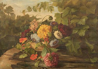 K&uuml;nstler des 19. Jahrhunderts - Blumenstillleben mit Ranken - &Ouml;l/Lwd. 51 x 72,5 cm. Rahmen. 
