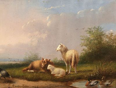 Henri Jos. Gommarus Carpentero 1820 Antwerpen - 1874 Br&uuml;ssel - Schafe und Gefl&uuml;gel - &Ouml;l/Holz. 