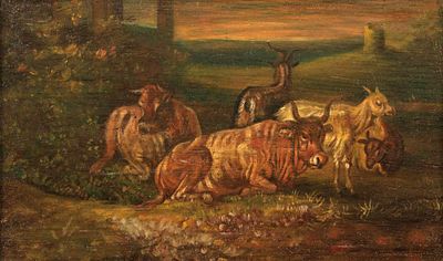 Tiermaler des 19. Jahrhunderts - Ruhende K&uuml;he - &Ouml;l/Holz. 20 x 33 cm. Prunkrahmen. Aufrufpreis: 440