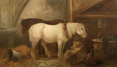 K&uuml;nstler des 19. Jahrhunderts - Pferde im Stall - &Ouml;l/Lwd. 76 x 127 cm. Sign. l. u.: G. Barker 