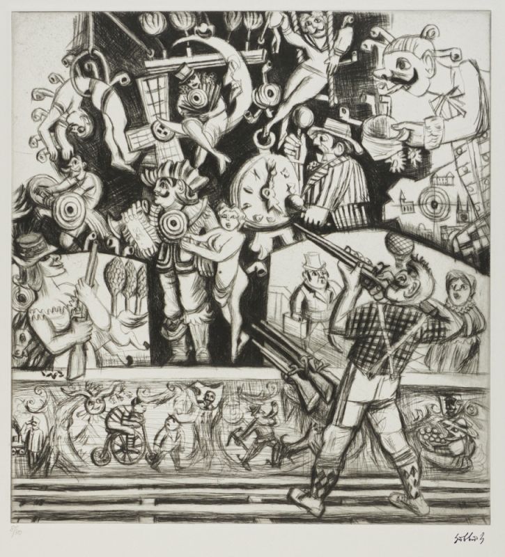 Karl Hubbuch 
1891 Karlsruhe - 1979 Karlsruhe - Jahrmarkt - Radierung/Papier. 8/30. 35,8 x 33,3 
